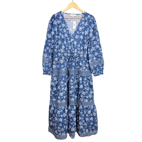 LOFT Dresses & Skirts - LOFT Blue Cotton Blend Floral Tiered Maxi Dress Long Sleeve V-Neck Boho L NWT